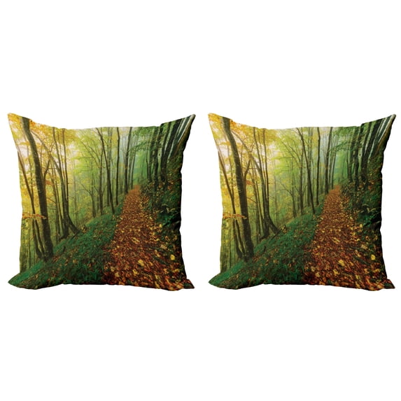 Ambesonne Nature Throw Pillow Cover 2 Pack, Forest Path View, 20", Green Yellow
