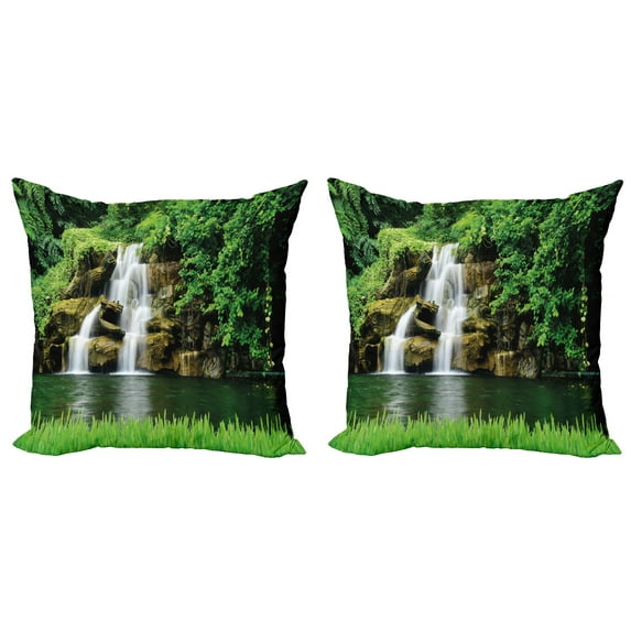 Ambesonne Nature Throw Pillow Cover 2 Pack, Lake Garden Waterfall, 18", Green
