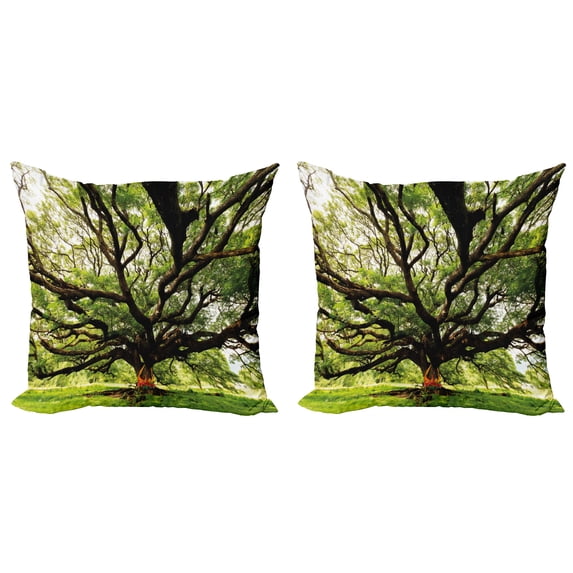 Ambesonne Nature Throw Pillow Cover 2 Pack, Majestic Tree Thailand, 24", Green Brown