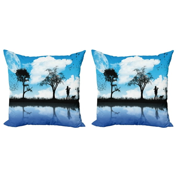 Ambesonne Nature Throw Pillow Cover 2 Pack, Man Dog Lake Tree Moon, 16", Sky Blue Black White