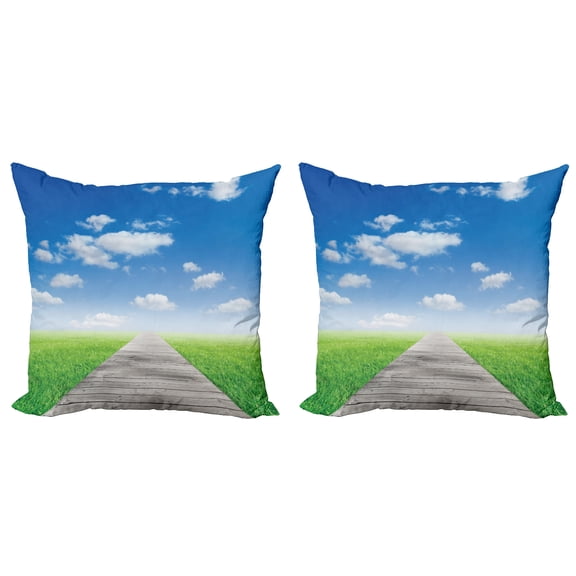 Ambesonne Nature Throw Pillow Cover 2 Pack, Meadow Countryside Path, 16", Blue Green Brown