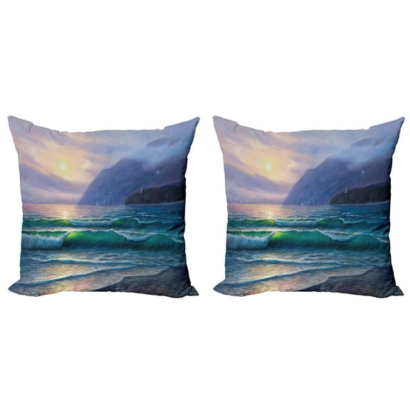 Ambesonne Nature Throw Pillow Cover 2 Pack, Ocean Morning Mountain, 24", Lilac Teal