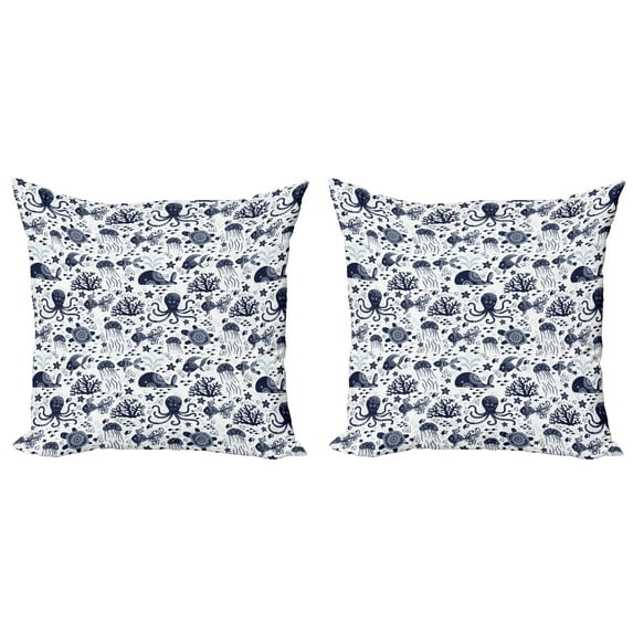 Ambesonne Nature Throw Pillow Cover 2 Pack, Ornament Nautical Creatures, 18", Indigo White