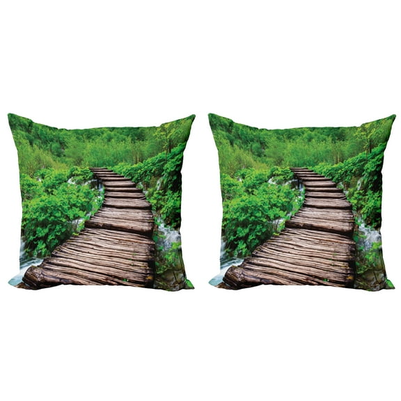 Ambesonne Nature Throw Pillow Cover 2 Pack, Pathway Stream Jungle Print, 18", Brown Green