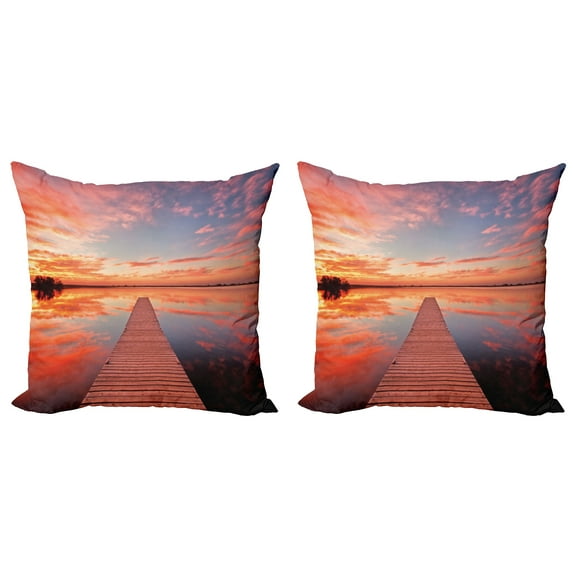 Ambesonne Nature Throw Pillow Cover 2 Pack, Pathway Sunset at Ocean, 20", Orange Lavender