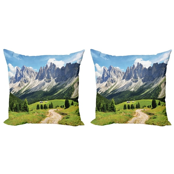 Ambesonne Nature Throw Pillow Cover 2 Pack, Pathway to Forest Alps, 18", Green White Blue