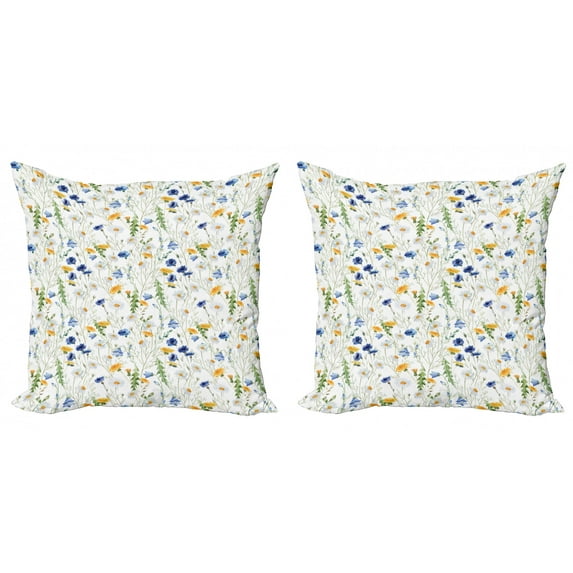 Ambesonne Nature Throw Pillow Cover 2 Pack, Poppies Daisies Rural, 18", Pale Green Yellow Blue