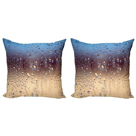 Ambesonne Nature Throw Pillow Cover 2 Pack, Rainy Day Window Effect, 18", Blue Tan Brown