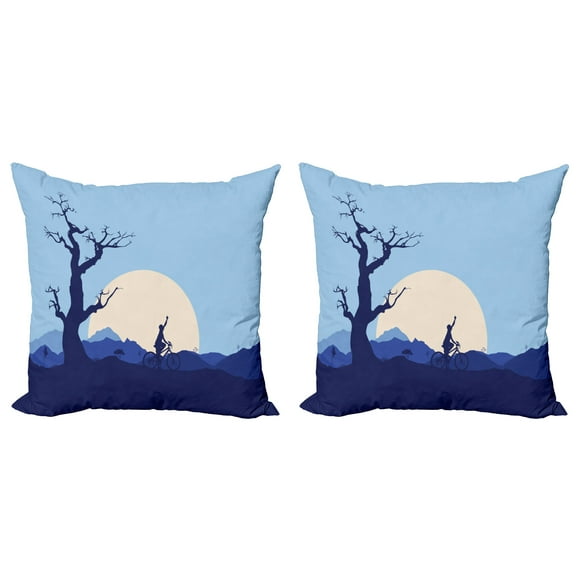 Ambesonne Nature Throw Pillow Cover 2 Pack, Rising Moon in Forest, 24", Blue and White