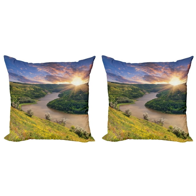 Ambesonne Nature Throw Pillow Cover 2 Pack, Rising Sun Calm River, 16", Multicolor