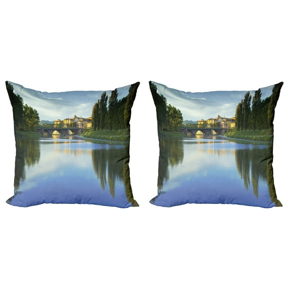Ambesonne Nature Throw Pillow Cover 2 Pack, River Bridge Town Trees, 20", Green Blue