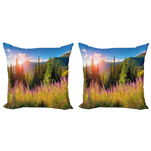 Ambesonne Nature Throw Pillow Cover 2 Pack, Spring Flowers Mountain, 16", Green Pink