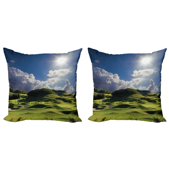 Ambesonne Nature Throw Pillow Cover 2 Pack, Summer Pasture Grassy Hills, 18", Green Blue