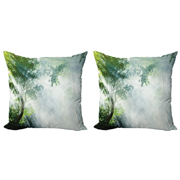 Ambesonne Nature Throw Pillow Cover 2 Pack, Sunbeams Shadows Idyllic, 20", Green White