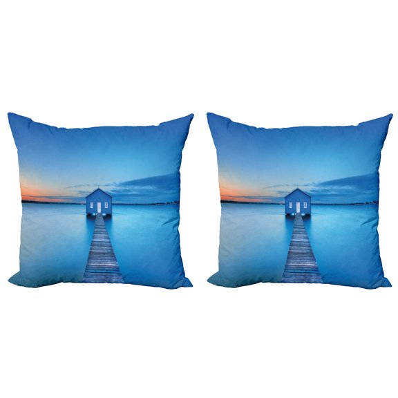 Ambesonne Nature Throw Pillow Cover 2 Pack, Sunrise Lakehouse Cabin, 20", Blue Orange Grey
