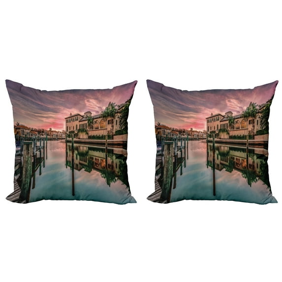 Ambesonne Nature Throw Pillow Cover 2 Pack, Sunrise River Nautical, 18", Purple Green