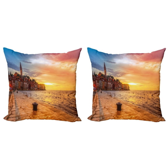 Ambesonne Nature Throw Pillow Cover 2 Pack, Sunset Seashore Coast, 18", Brown Yellow