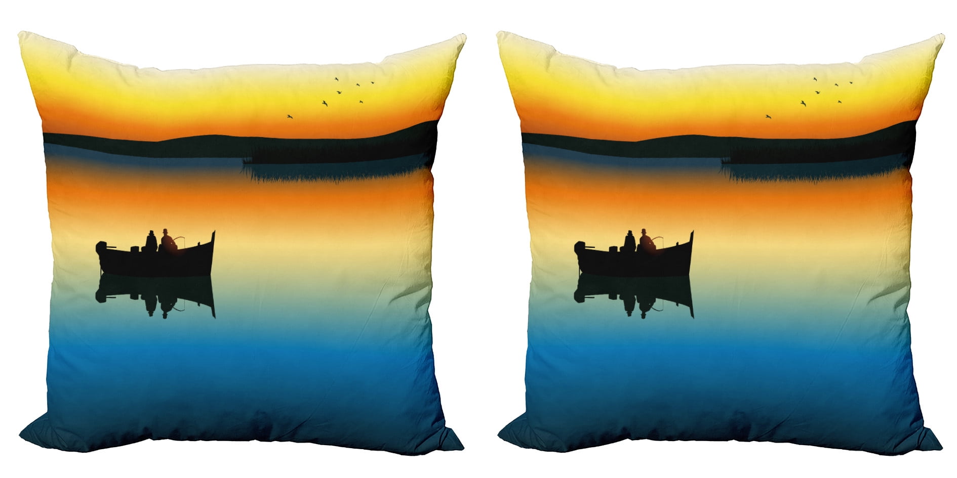Sunset Lake Fishing Orange Blue Microfiber Throw Pillow Set