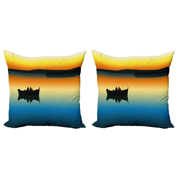 Ambesonne Nature Throw Pillow Cover 2 Pack, Sunset at Lake Fishing, 18", Orange Blue