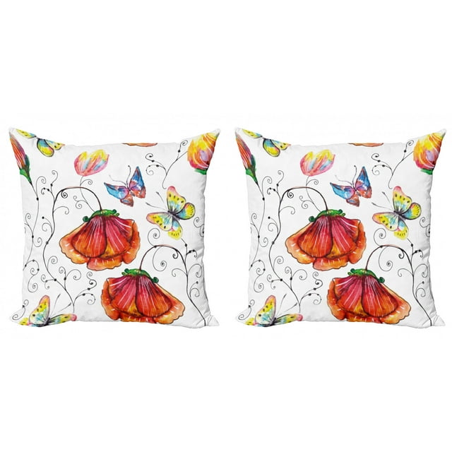 Ambesonne Nature Throw Pillow Cover 2 Pack, Swirled Flowers Flamingo, 20", Multicolor