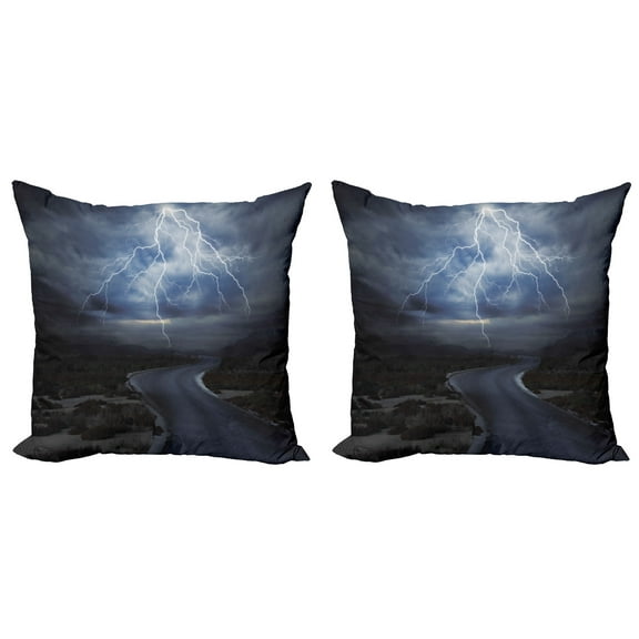 Ambesonne Nature Throw Pillow Cover 2 Pack, Thunderstorm over Road, 20", Dark Blue Grey