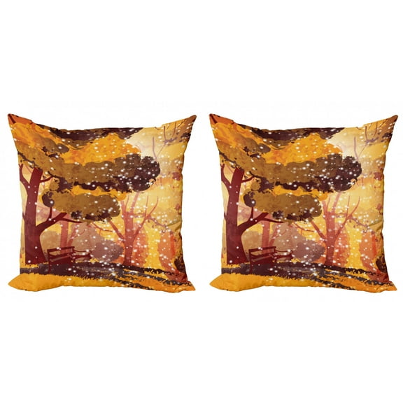 Ambesonne Nature Throw Pillow Cover 2 Pack, Trees and Bench Snowfall, 24", Multicolor