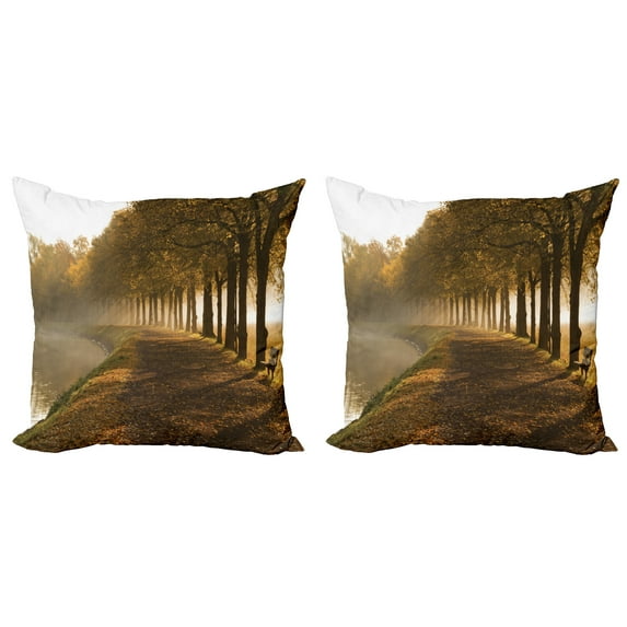 Ambesonne Nature Throw Pillow Cover 2 Pack, Walkway at Canal Misty, 16", Orange Brown