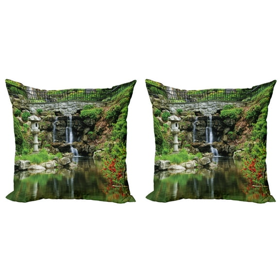 Ambesonne Nature Throw Pillow Cover 2 Pack, Waterfall Garden, 18", Green White