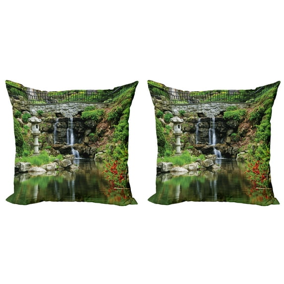 Ambesonne Nature Throw Pillow Cover 2 Pack, Waterfall Garden, 18", Green White