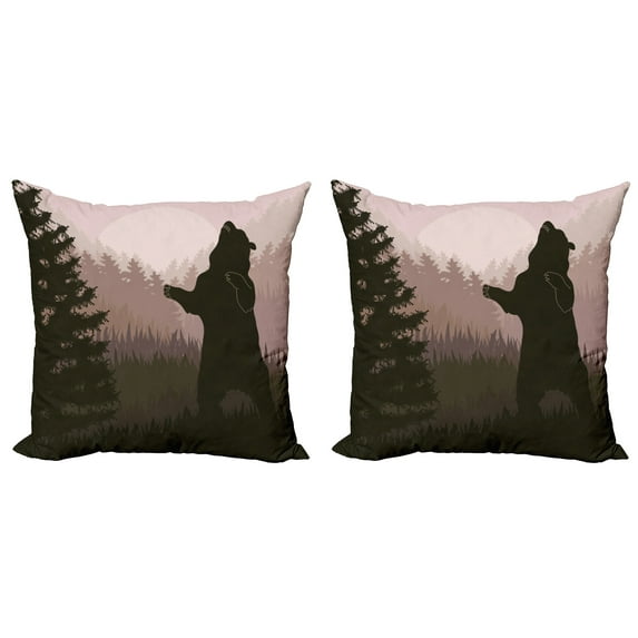 Ambesonne Nature Throw Pillow Cover 2 Pack, Wild Bear Night Jungle, 20", Army Green Pale Peach