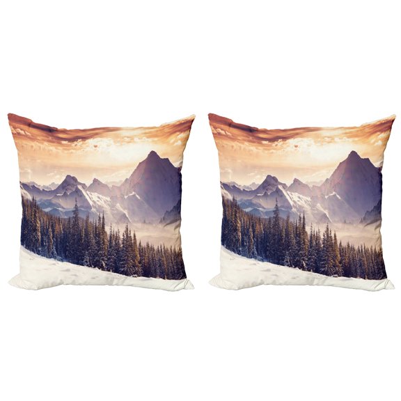 Ambesonne Nature Throw Pillow Cover 2 Pack, Winter Evening Mountain, 16", Multicolor
