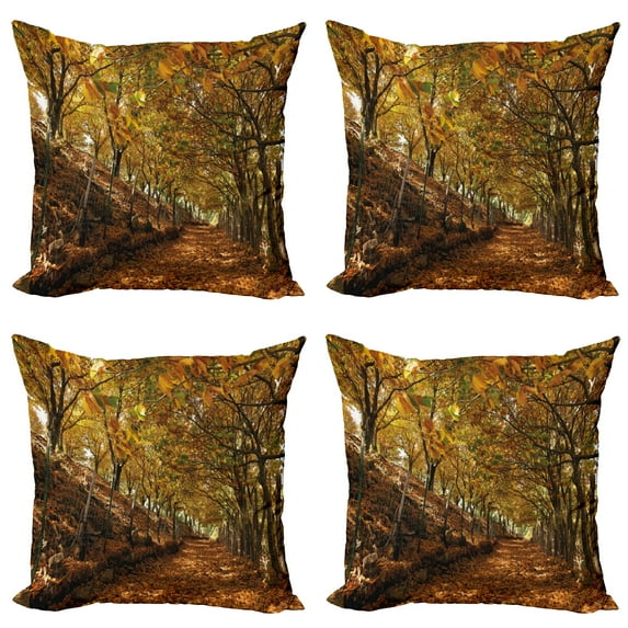 Ambesonne Nature Throw Pillow Cover 4 Pack, Autumn Foliage Forest, 18", Brown Amber Marigold