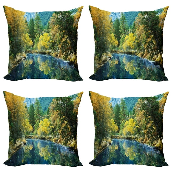 Ambesonne Nature Throw Pillow Cover 4 Pack, Autumn Forest Landscape, 24", Green Blue Yellow