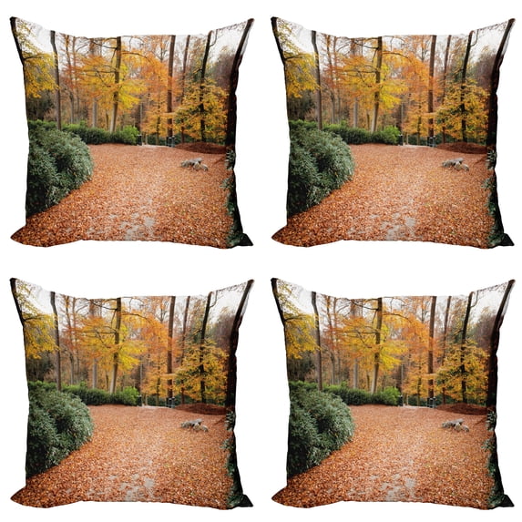 Ambesonne Nature Throw Pillow Cover 4 Pack, Autumn Forest Trees Fall, 20", Hunter Green Marigold