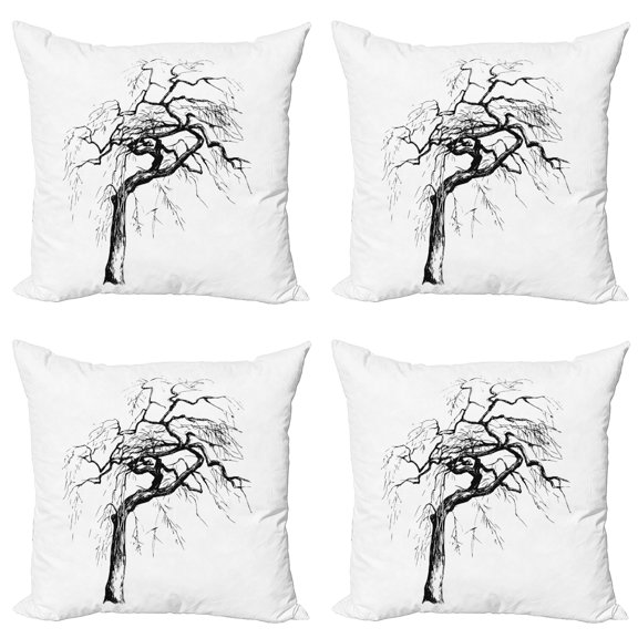 Ambesonne Nature Throw Pillow Cover 4 Pack, Autumn Tree Dry Branches, 20", Black White