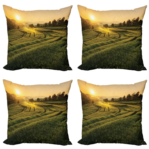 Ambesonne Nature Throw Pillow Cover 4 Pack, Barley Woods Sunset, 18", Green Yellow
