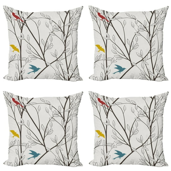 Ambesonne Nature Throw Pillow Cover 4 Pack, Birds Wildlife Cartoon, 24", Mustard Maroon
