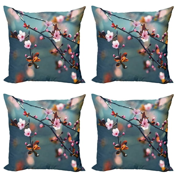 Ambesonne Nature Throw Pillow Cover 4 Pack, Blooming Sakura Flowers, 20", Pale Pink Orange