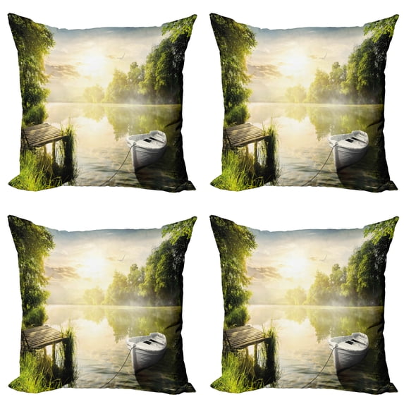 Ambesonne Nature Throw Pillow Cover 4 Pack, Boat by Foggy Lake Deck, 24", Olive Green White