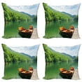 thumbnail image 1 of Ambesonne Nature Throw Pillow Cover 4 Pack, Boats Lake Forest Serene, 18", Fern Green Cinnamon, 1 of 6