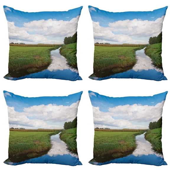 Ambesonne Nature Throw Pillow Cover 4 Pack, Calm River Meadow Trees, 16", Green Blue White