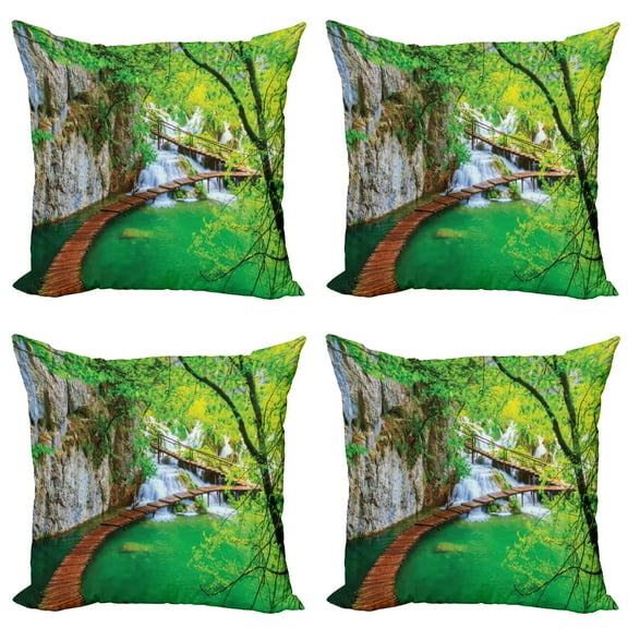 Ambesonne Nature Throw Pillow Cover 4 Pack, Cascade Trees Greenery, 20", Green Grey