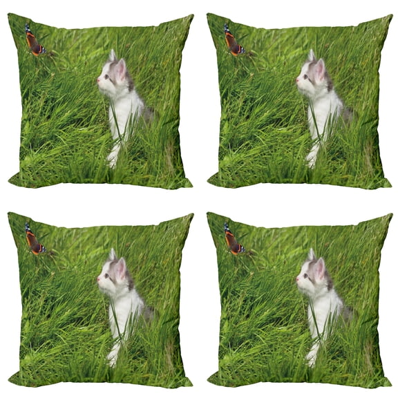 Ambesonne Nature Throw Pillow Cover 4 Pack, Cat and Butterfly, 20", Fern Green White Grey