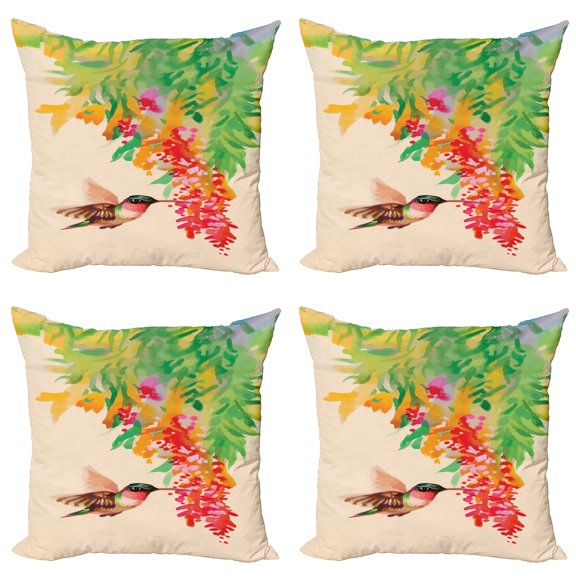 Ambesonne Nature Throw Pillow Cover 4 Pack, Colibri Exotic Tree, 18", Green Red Beige
