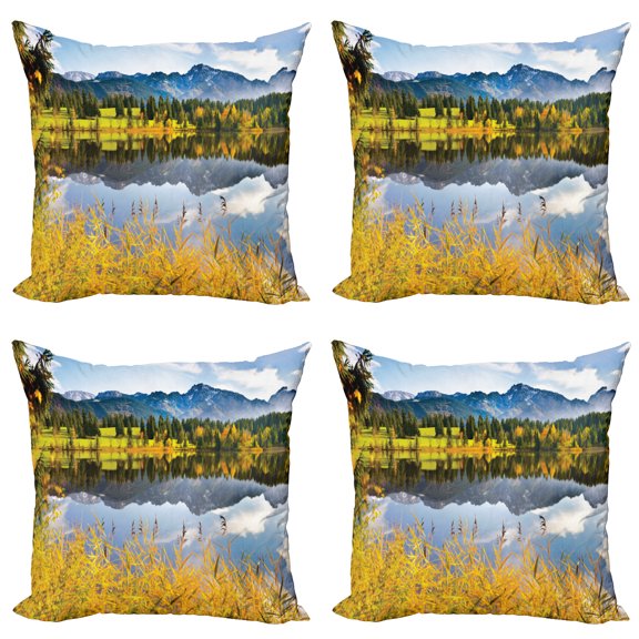 Ambesonne Nature Throw Pillow Cover 4 Pack, Country Scene and Lake, 20", Multicolor
