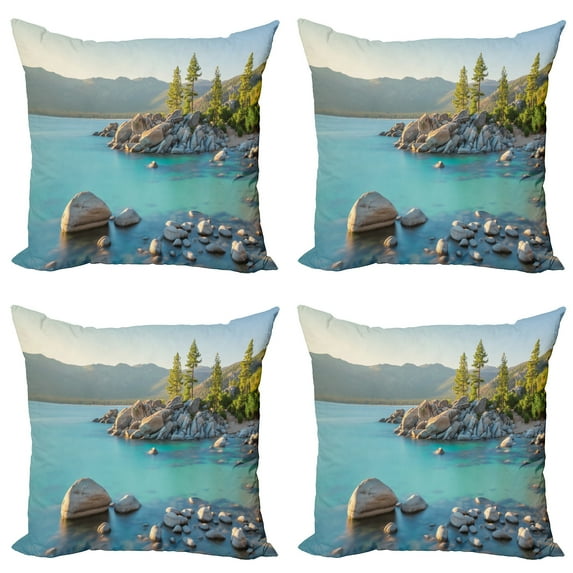 Ambesonne Nature Throw Pillow Cover 4 Pack, Countryside Lake Beach, 24", Blue Grey