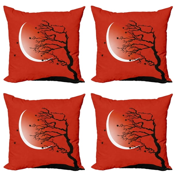 Ambesonne Nature Throw Pillow Cover 4 Pack, Digital Scene Tree Moon, 18", Red Black White
