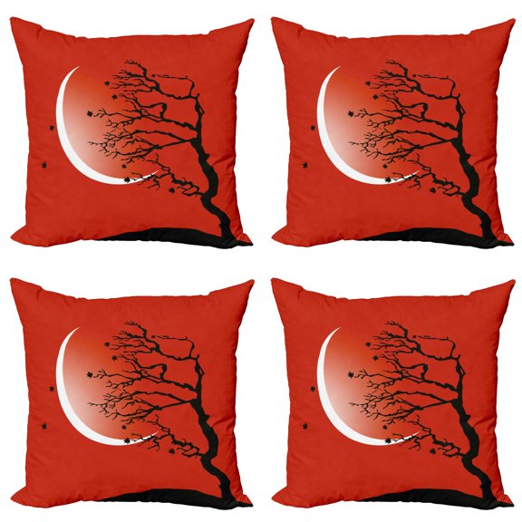 Ambesonne Nature Throw Pillow Cover 4 Pack, Digital Scene Tree Moon, 20", Red Black White