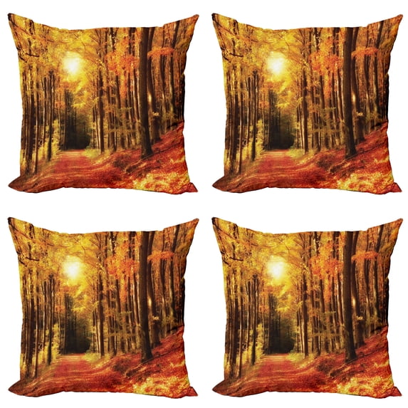 Ambesonne Nature Throw Pillow Cover 4 Pack, Fall Trees at Sunset Woods, 18", Orange and Yellow