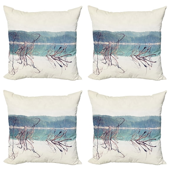 Ambesonne Nature Throw Pillow Cover 4 Pack, Fallen Tree in Beach, 24", Cream Green